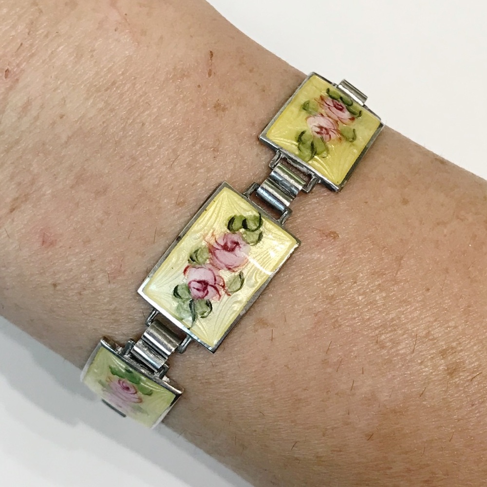 Sterling Silver Guilloche Vintage Rose Enamel Link Plate Bracelet 6.5" Cottage - Picture 11 of 16